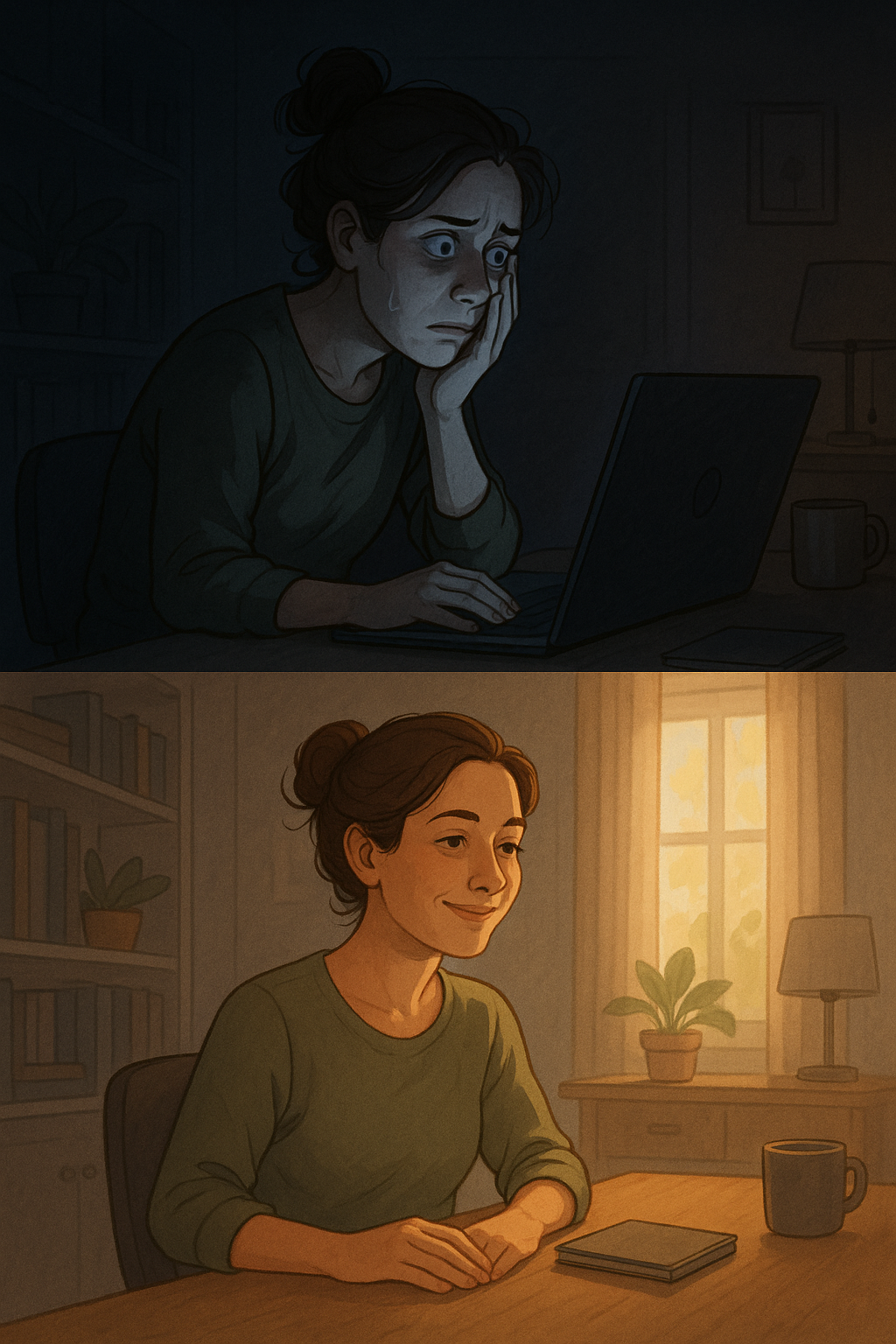 A woman transforms from stressed and hunched during a video call to relaxed and confident at the same desk, illustrating the power of the ask-scan-choose method.