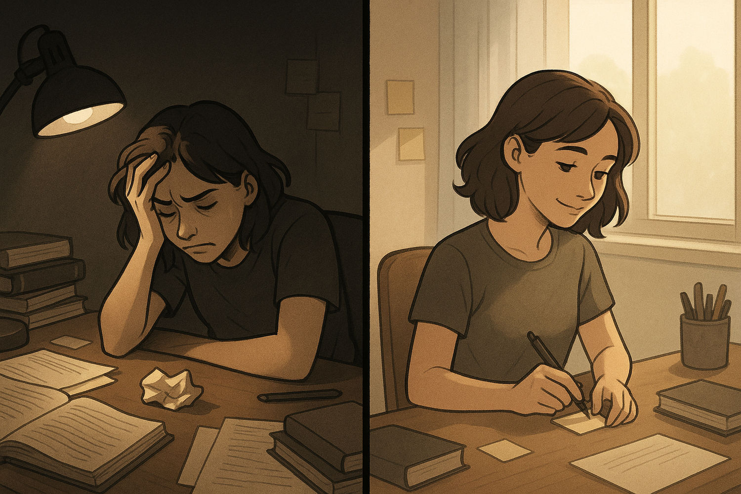 Split-panel illustration showing a student's transformation from frustrated and overwhelmed at a messy desk to calm and focused, making a small adjustment to her study plan.