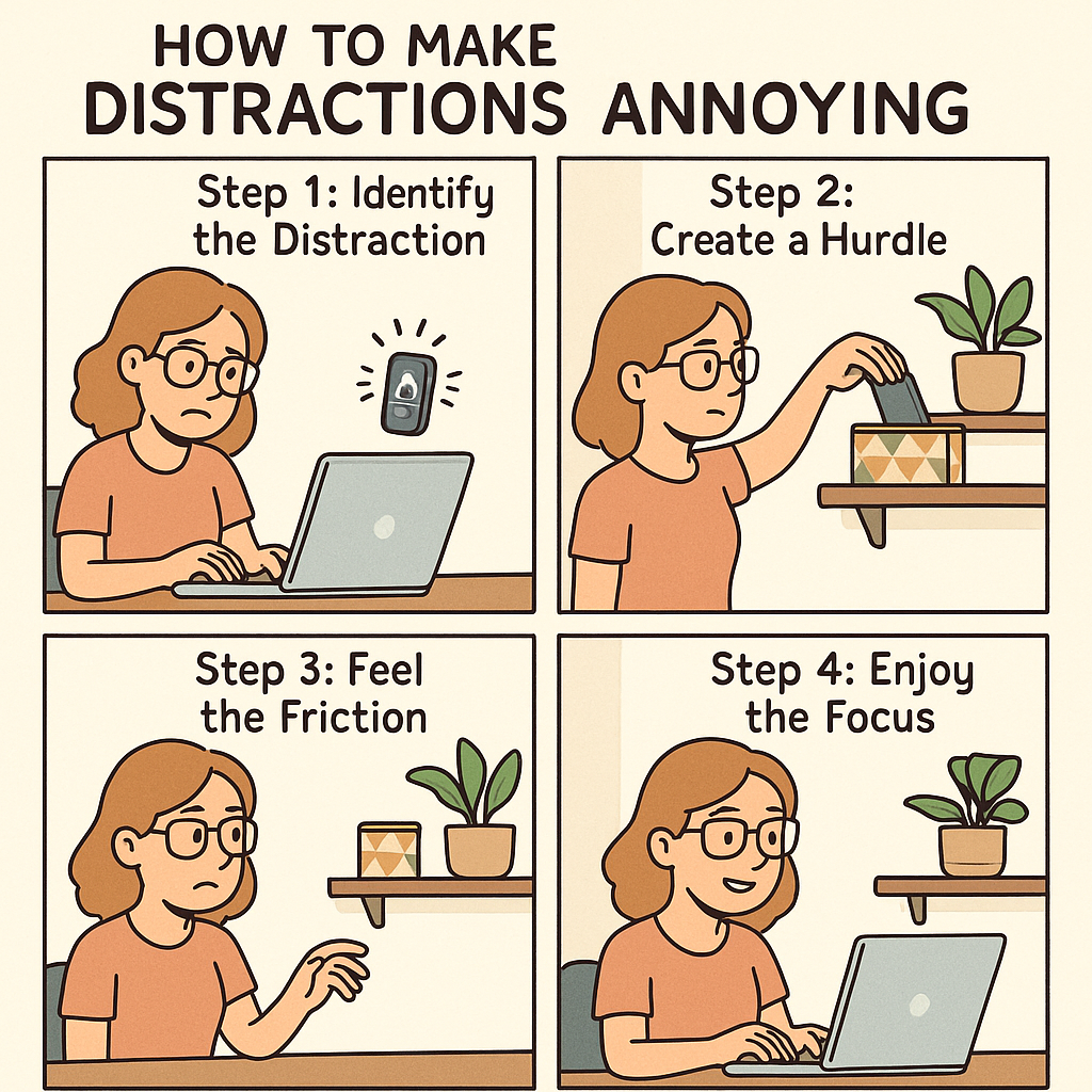 A four-panel comic strip showing a woman creating an effort pact by placing her phone in a box across the room, hesitating to retrieve it, and ultimately working with calm focus at her desk.