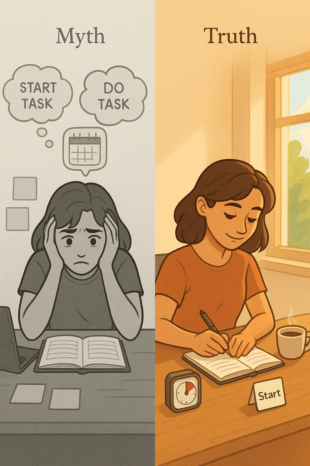 Side-by-side illustration showing a woman at a desk: left panel in grey tones depicting frustration and planning paralysis, right panel in vibrant colours showing active focus with simple tools and visible progress.