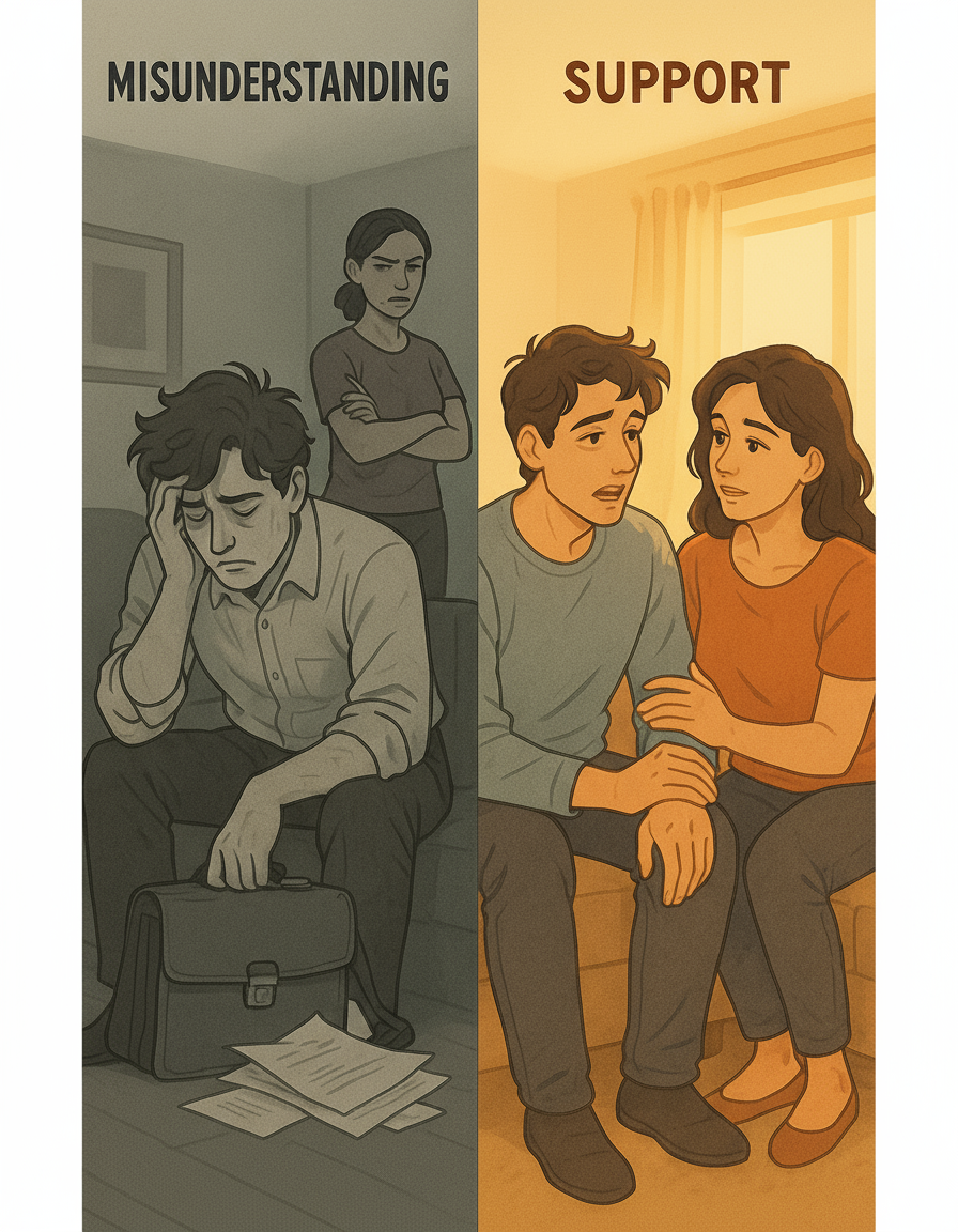 A couple sits closely on a sofa in warm light, one partner sharing about their workday while the other listens with compassion and supportive body language.