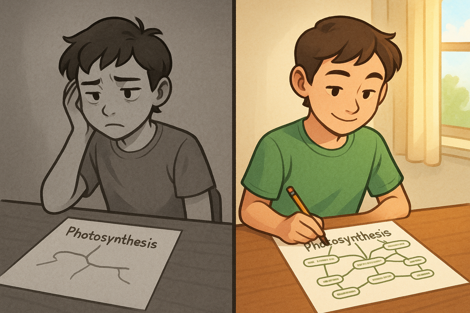Side-by-side comparison showing a student's simple, messy concept map before studying versus a detailed, organised map after learning, illustrating knowledge growth and understanding.