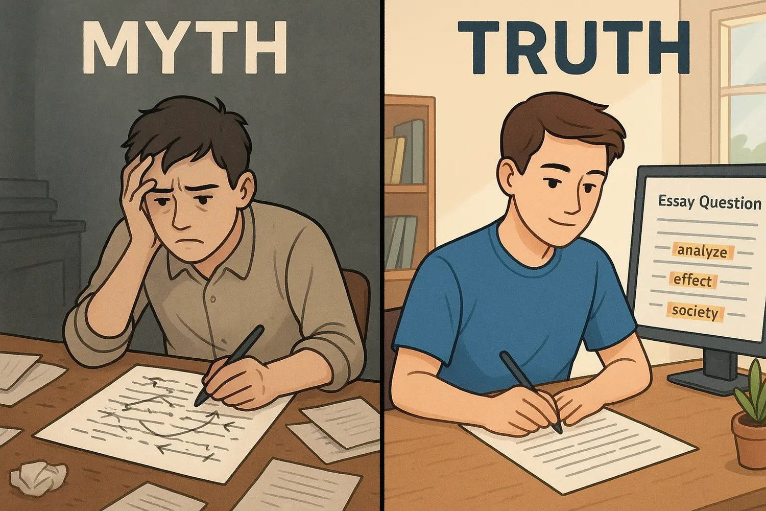 Side-by-side comparison of a stressed student with a chaotic essay versus a calm student writing a clear, organised essay using keyword matching