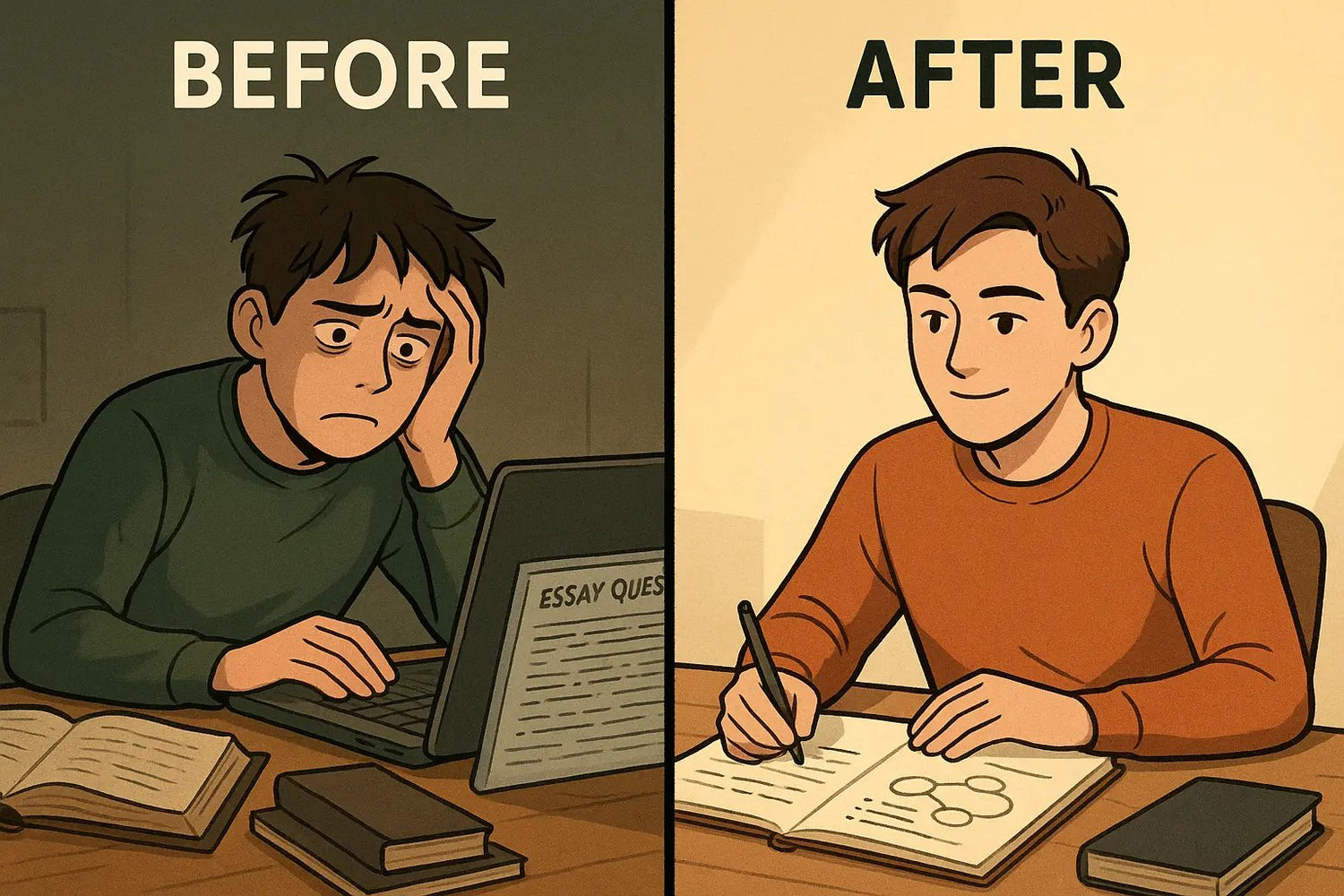 Student transformation from overwhelmed at laptop to confidently brainstorming essay ideas in notebook