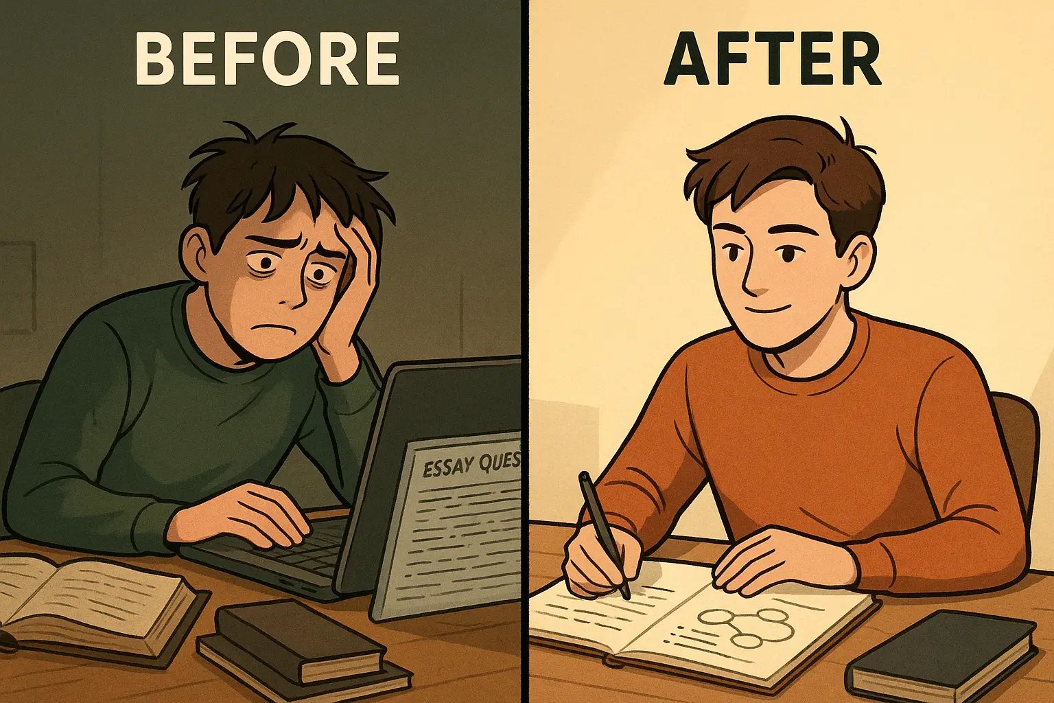 Student transformation from overwhelmed at laptop to confidently brainstorming essay ideas in notebook