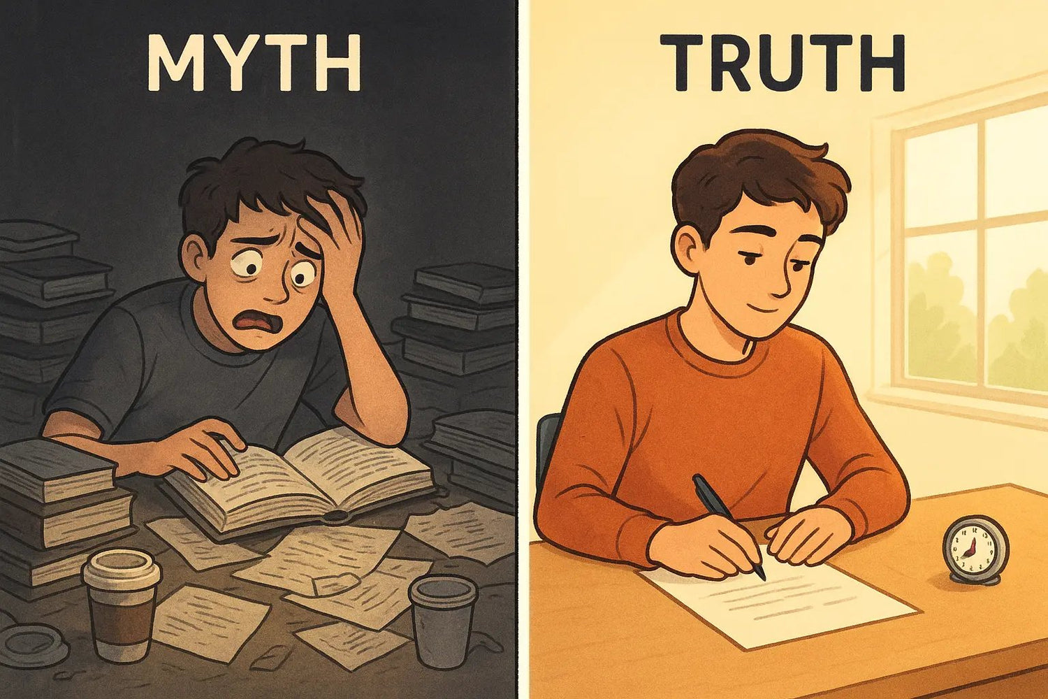 Student practicing calmly with a timer at a tidy desk, contrasted with chaotic cramming scene