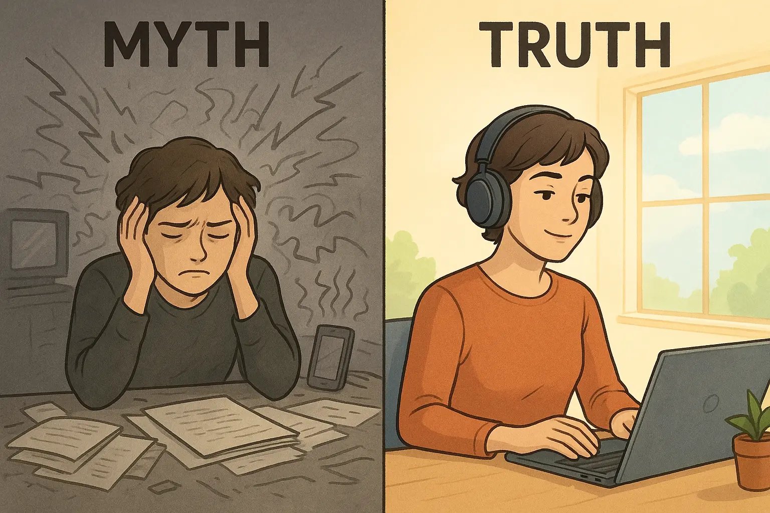 Split image showing chaotic workspace with overwhelmed person versus calm, organised space with focused person wearing headphones