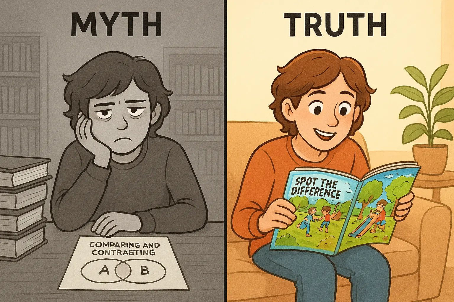 Student happily solving a colourful spot-the-difference puzzle, contrasted with a bored student looking at a monochrome Venn diagram