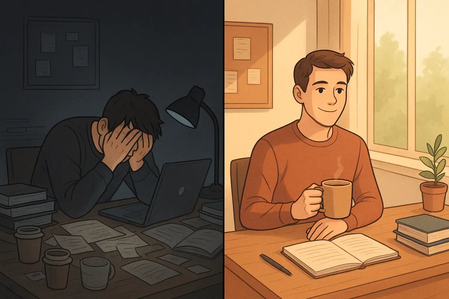 Split-panel illustration showing stressed student studying late at night transforming into calm, refreshed student at tidy desk in morning light