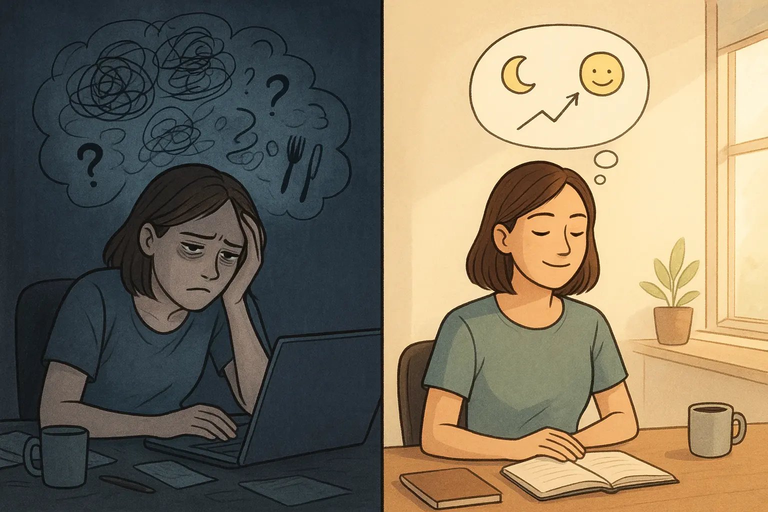 Split-panel illustration showing a woman's transformation from overwhelmed at a cluttered desk to calm and focused with an organised tracking journal.