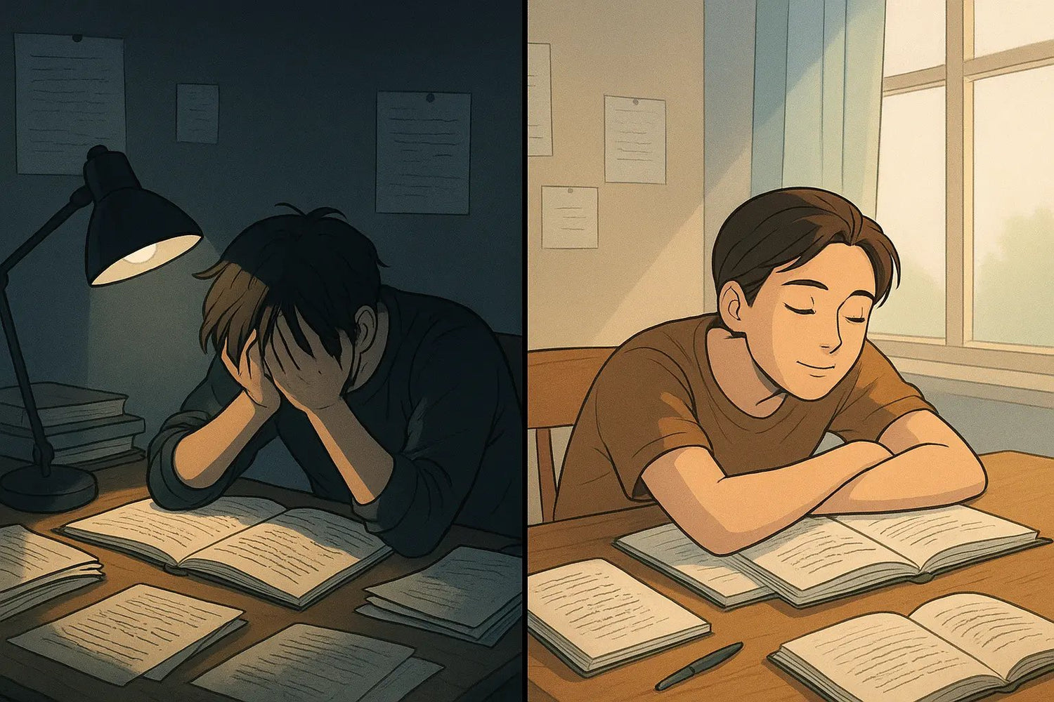 Before and after illustration showing a student transforming from burnt out and frustrated to refreshed and focused after a power nap