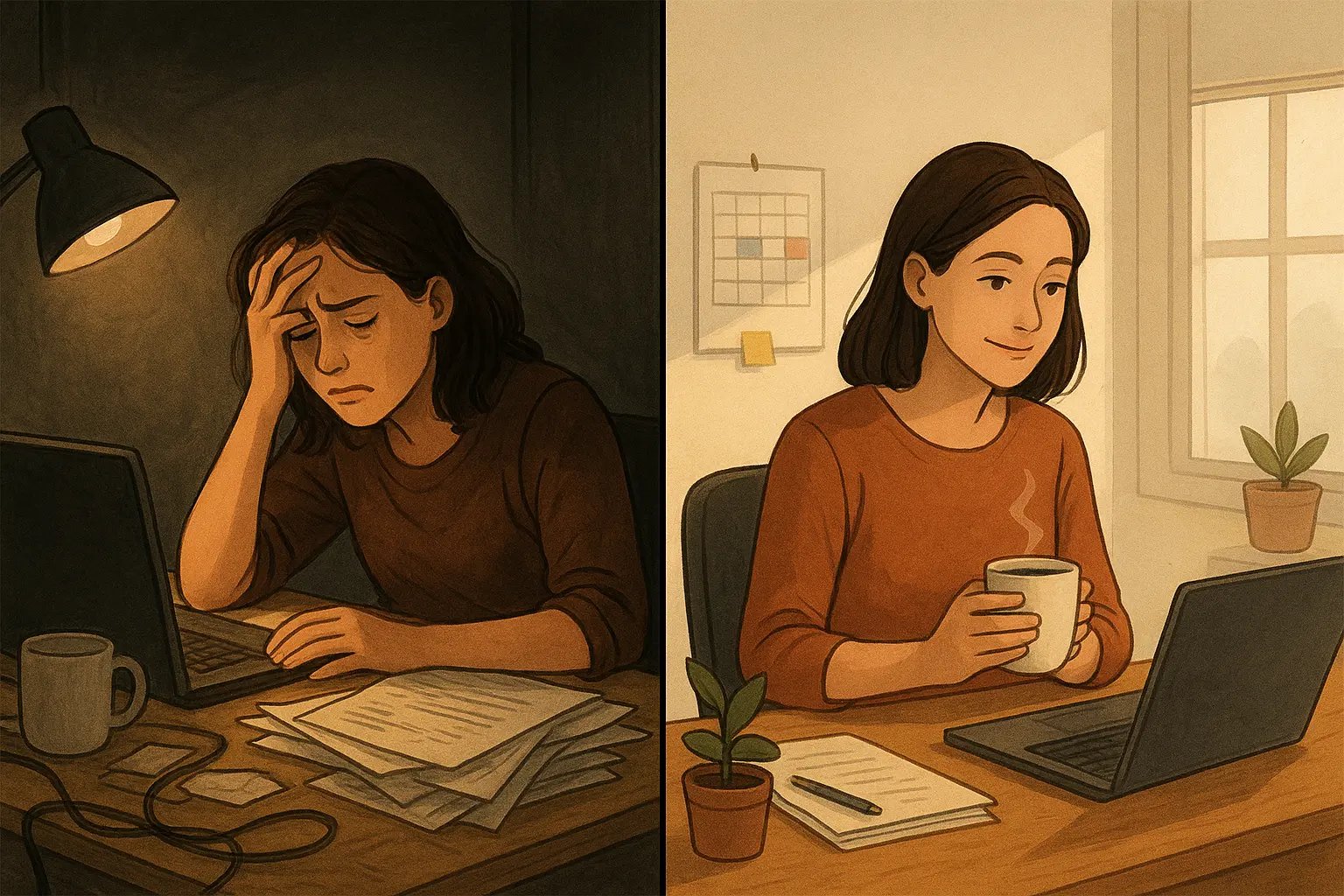 Woman transforming from overwhelmed at chaotic desk to calm and focused at organised workspace, showing the impact of adapting routines during hormonal shifts