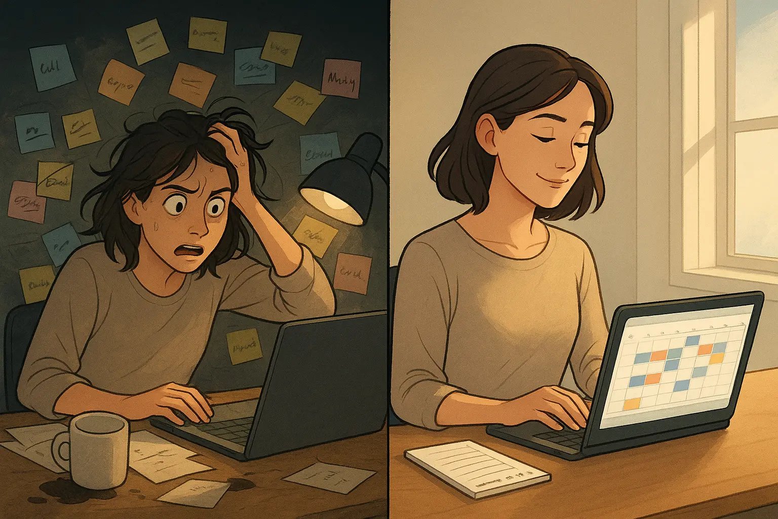 Split-panel showing a woman transforming from overwhelmed at a cluttered desk to calm and organised using digital tools.