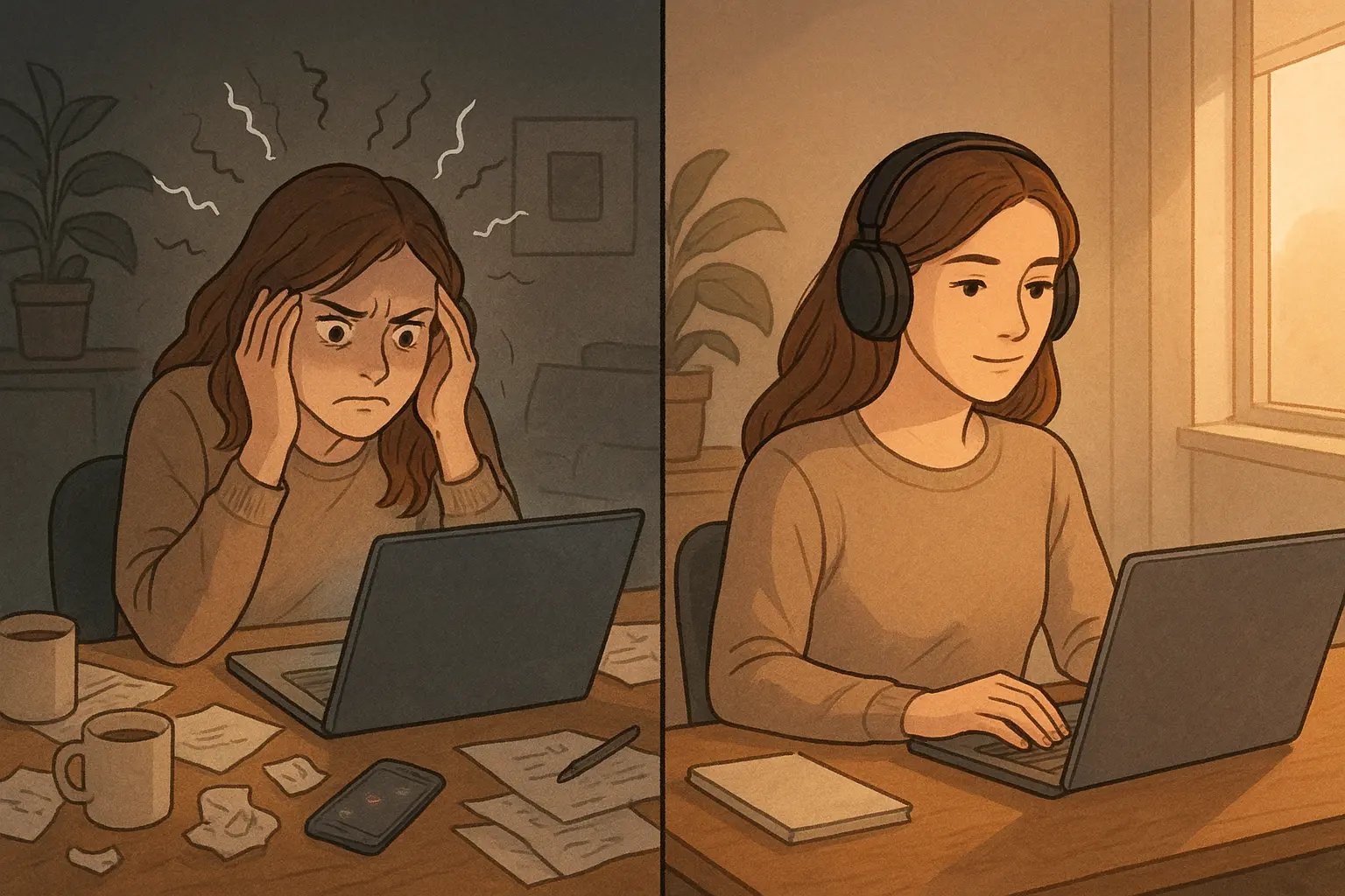 Before and after workspace transformation showing a woman moving from a cluttered, distracted desk to an organised, focused environment with clear task priority.