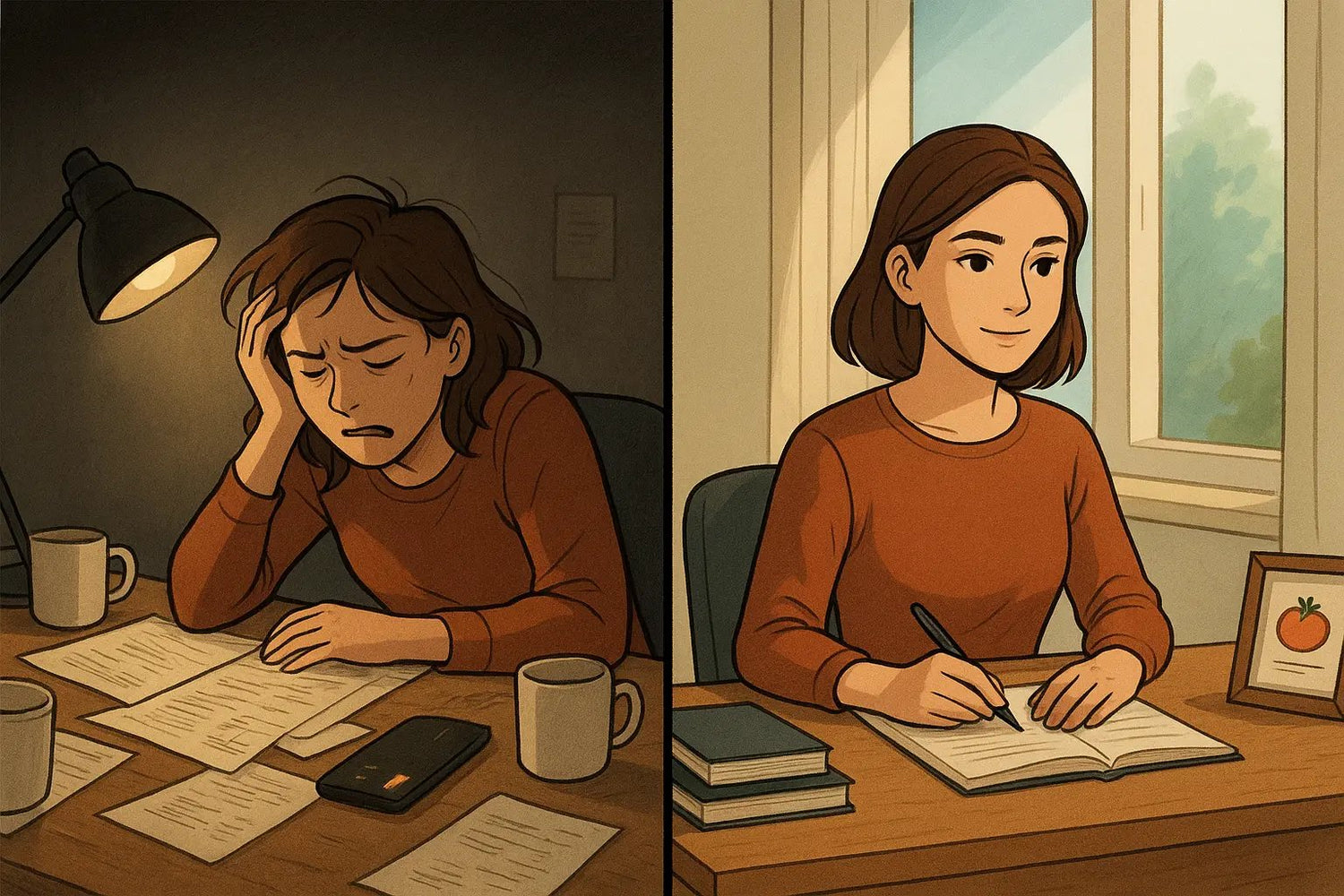 Split-panel showing a student's transformation from a chaotic, stressed workspace to an organised, calm desk with a Pomodoro certification displayed.