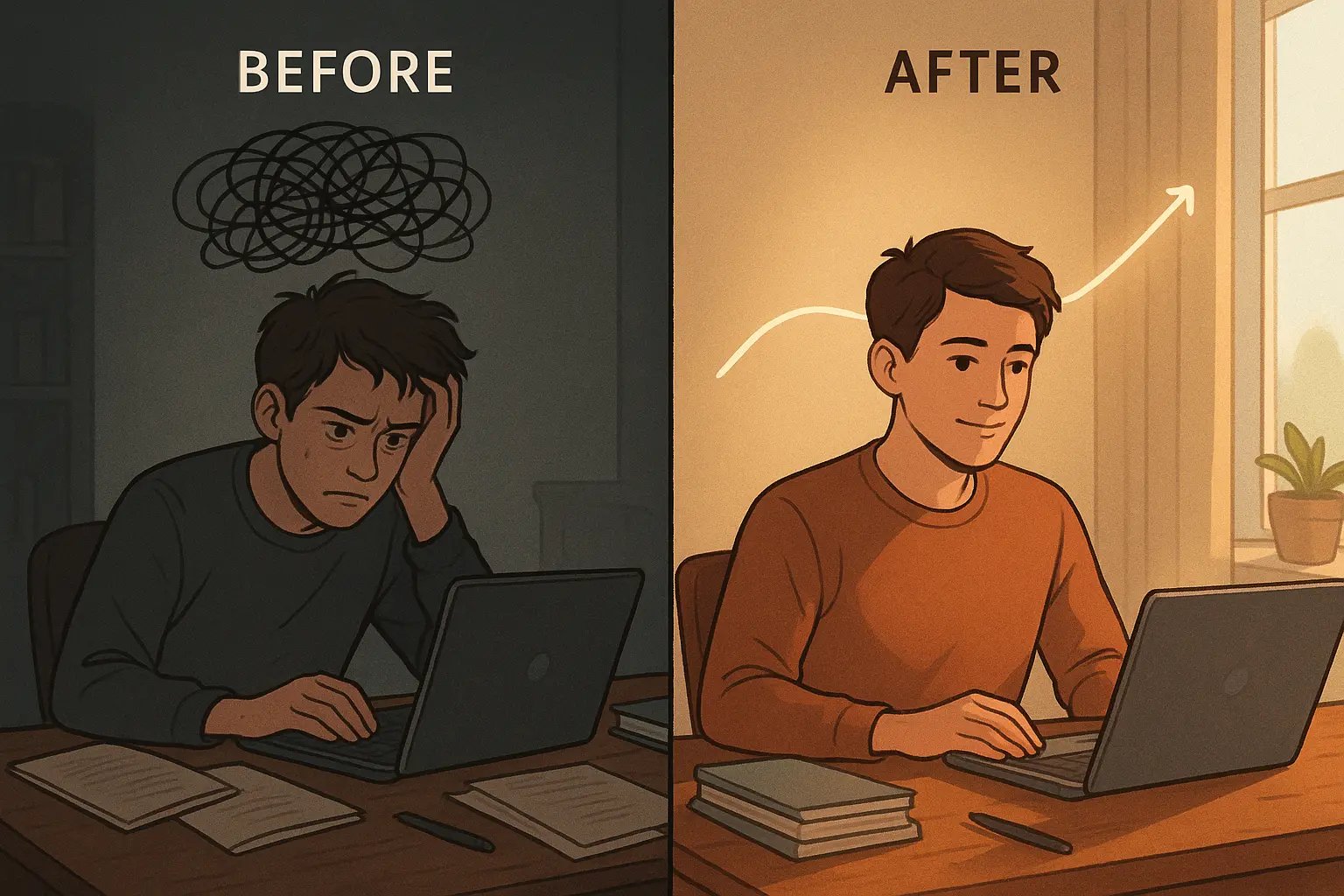 Student transformation from stressed at messy desk to calm and focused at organised workspace with clear thought flow.