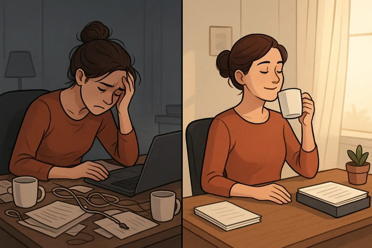 Split-panel illustration showing a woman's desk transformation from cluttered chaos to organised calm through daily tidying habits