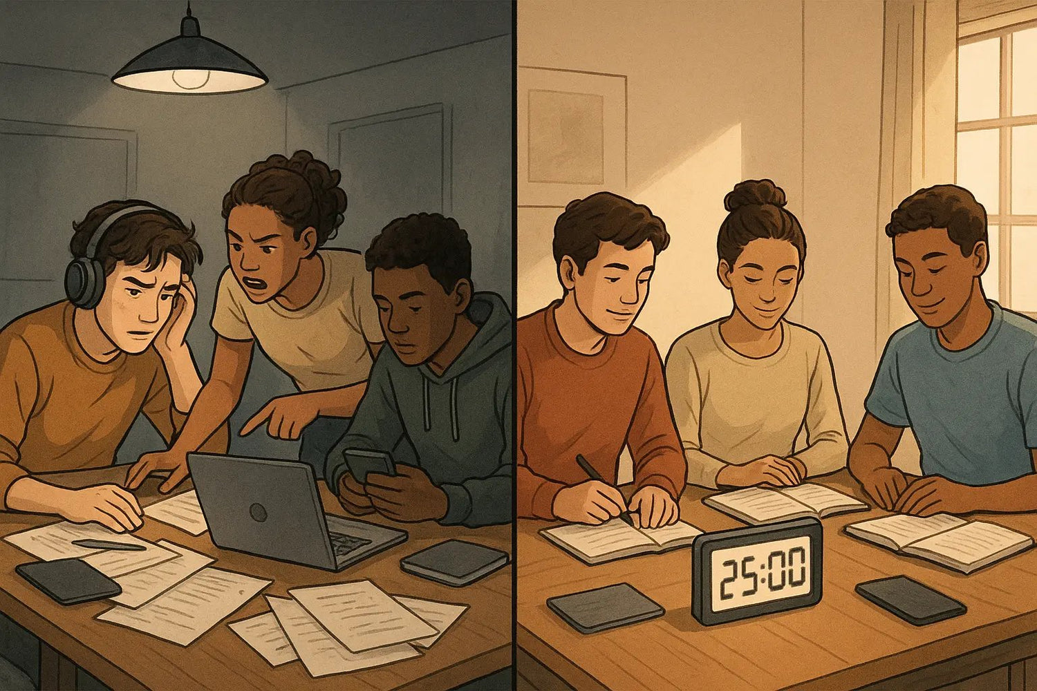 Split image showing a study group's transformation from chaotic, scattered work to calm, synchronised focus using a shared timer.