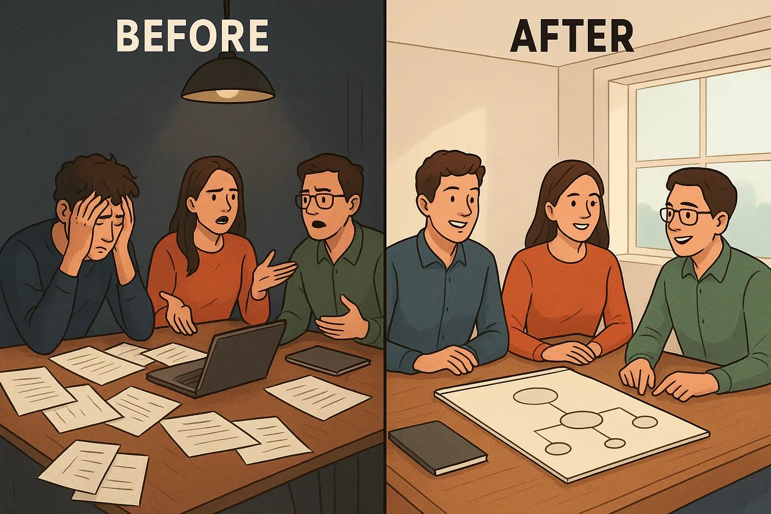 Split panel showing a team meeting transforming from cluttered chaos to organised clarity with focused collaboration and a clear mind map.