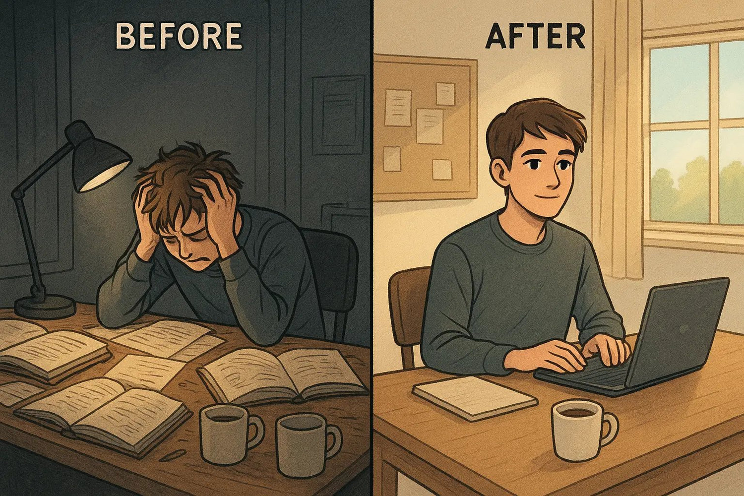 Split panel showing a student's transformation from chaotic, stressful late-night studying to calm, focused morning learning in a tidy, organised space.