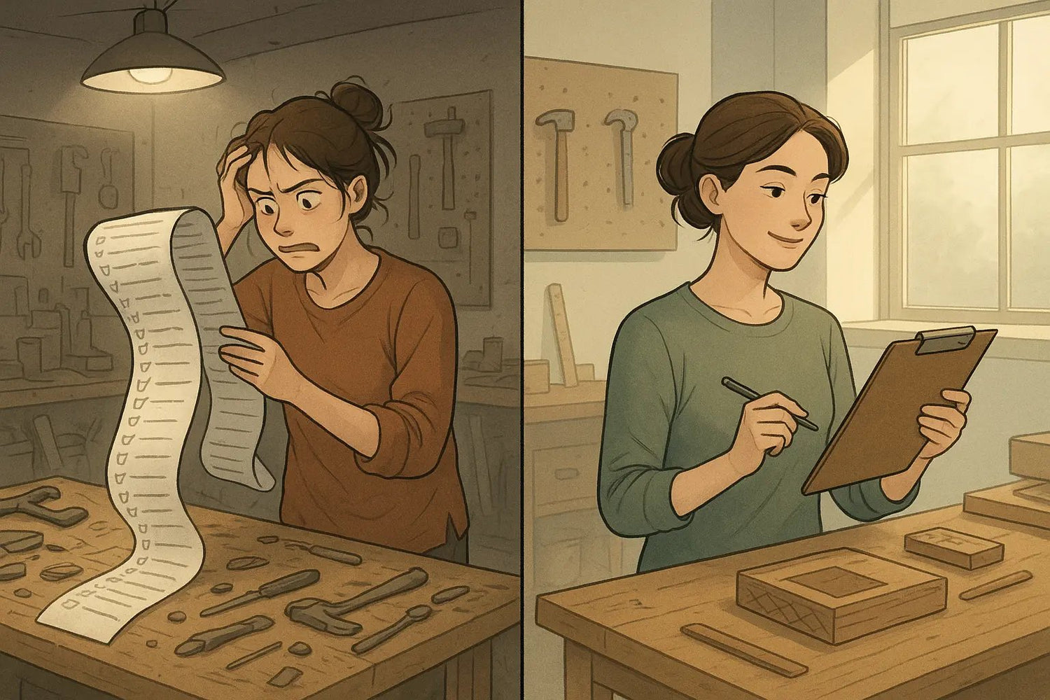 Split panel showing a woman's transformation from frustrated with a long messy checklist to calm with a refined short checklist in an organised workspace