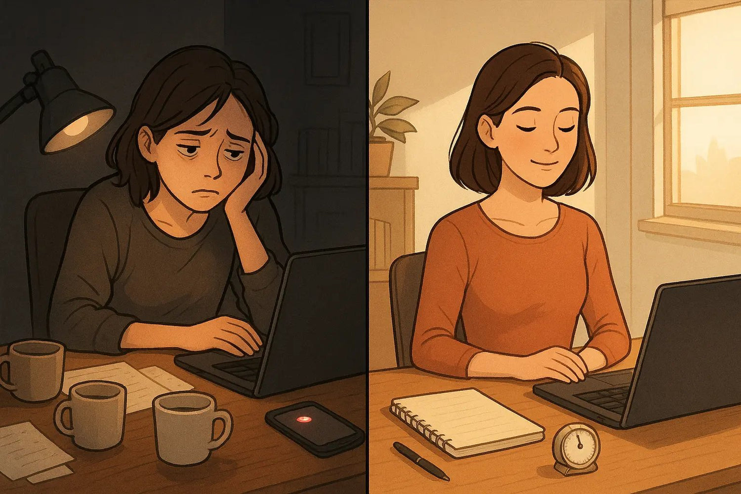 Woman at organized desk with starter kit looking calm and ready to work in bright morning light