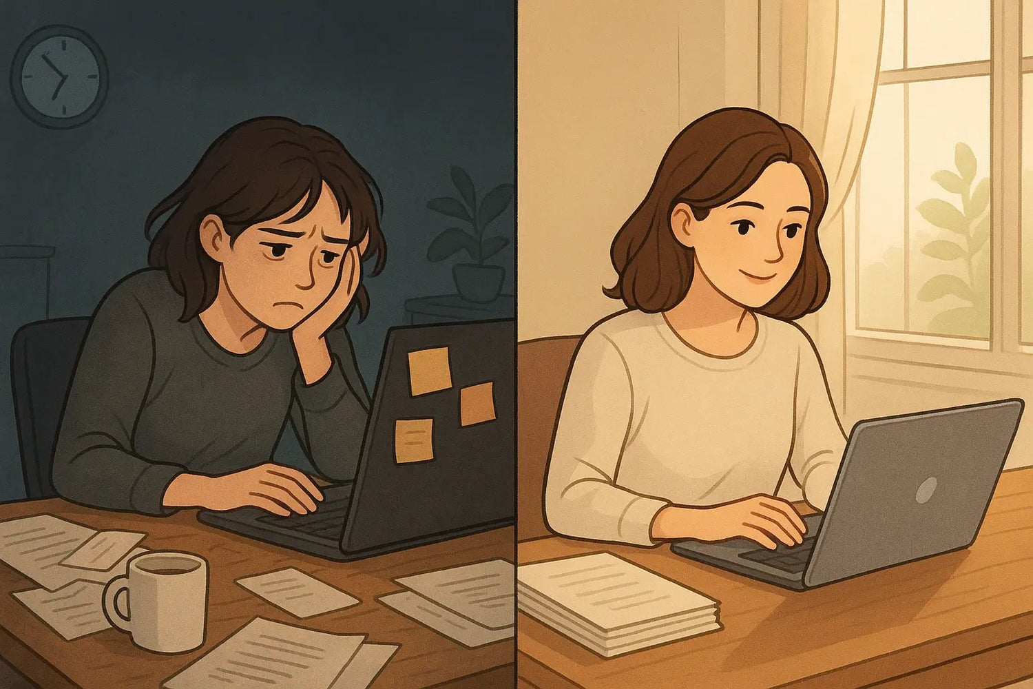 Before and after illustration showing a woman transforming from overwhelmed at a cluttered desk to calm and focused at an organised workspace