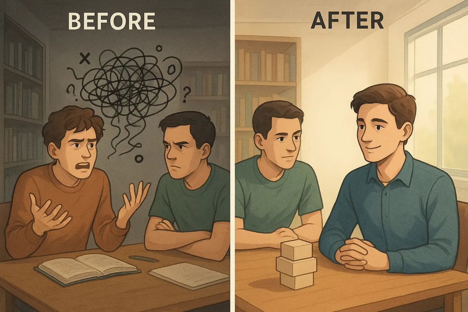 Split-panel illustration showing a student's argument transforming from chaotic confusion to clear, structured evidence