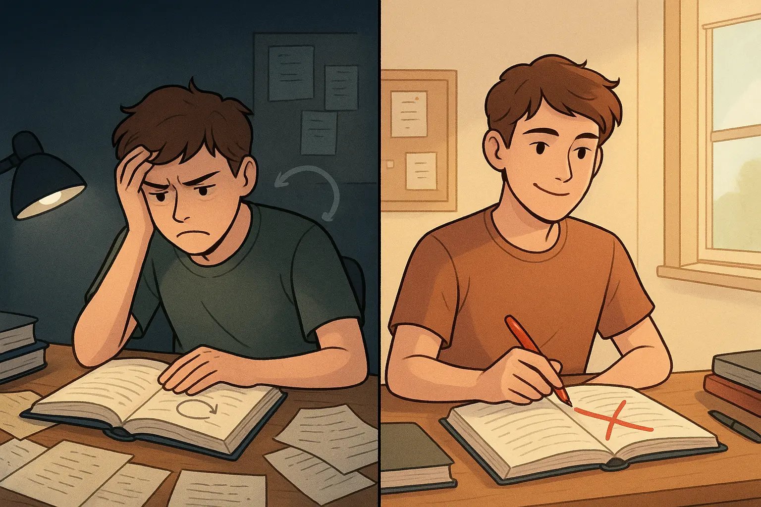 Split-panel illustration showing a student's transformation from confusion with circular logic to confidently identifying tautologies with a red marker.