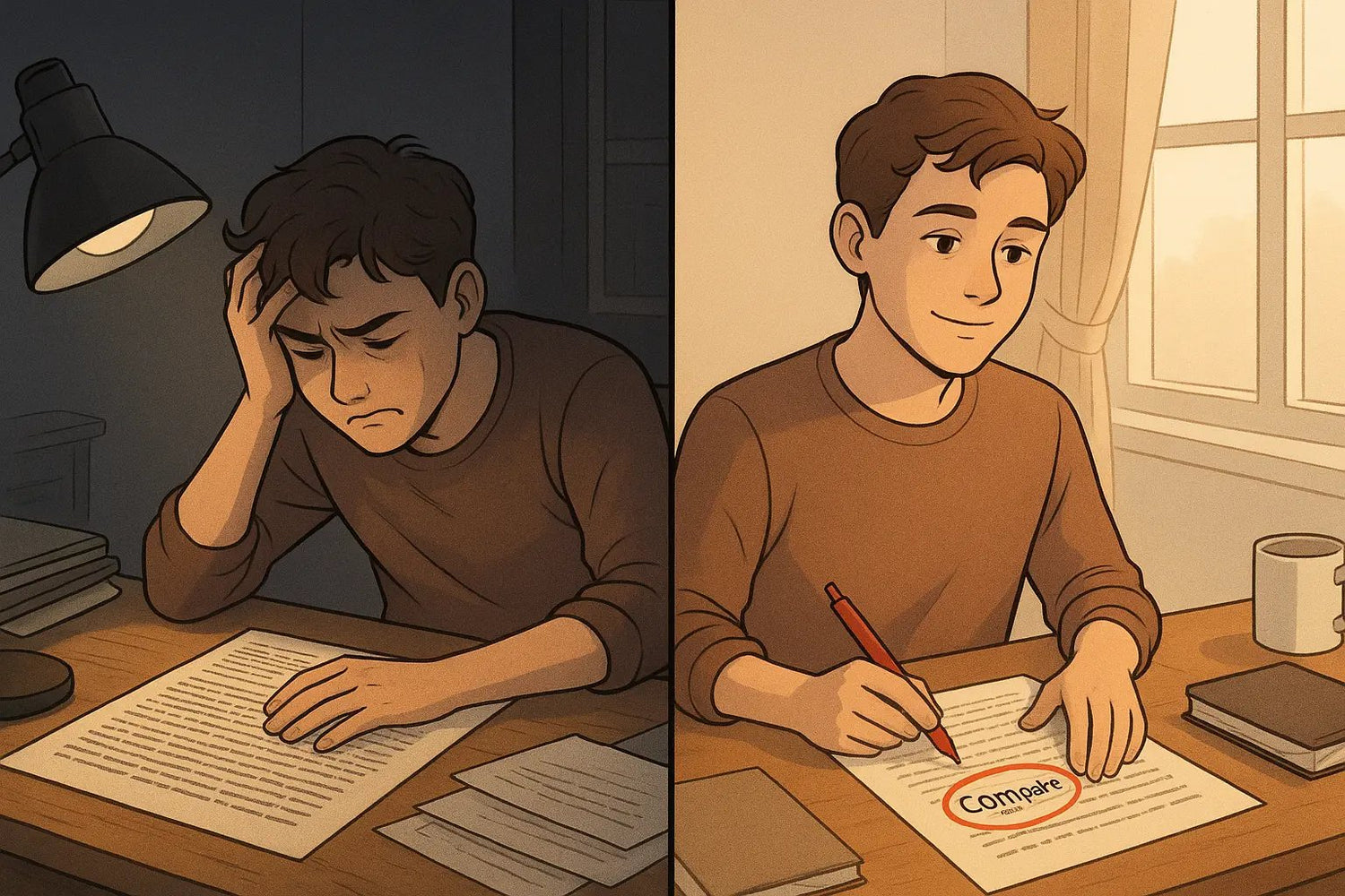 Student transforms from overwhelmed to confident after circling the key instruction word 'Compare' on an assignment paper