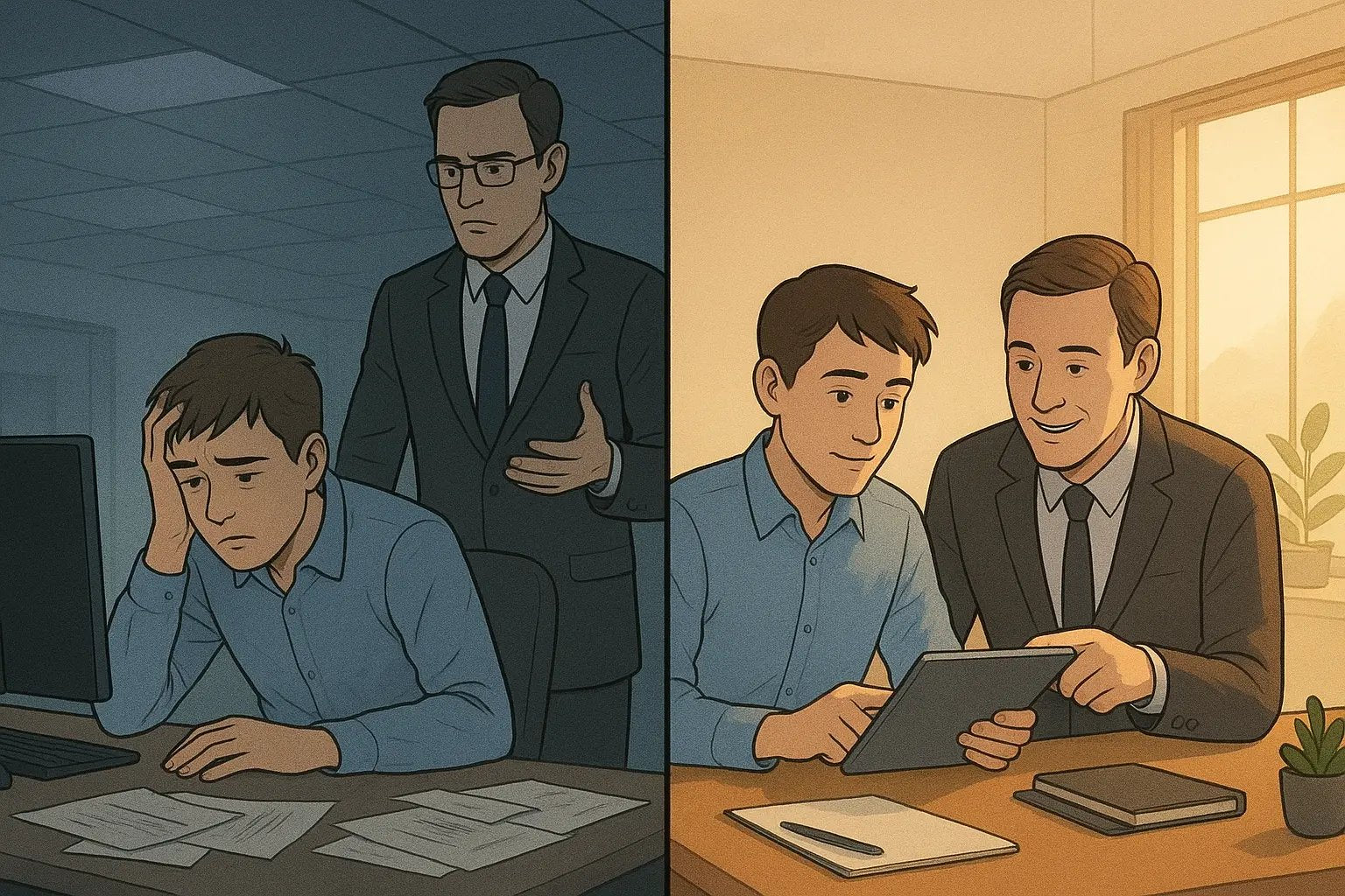 Split-panel illustration showing employee transformation from stressed by vague feedback to focused with clear, supportive guidance in modern office.