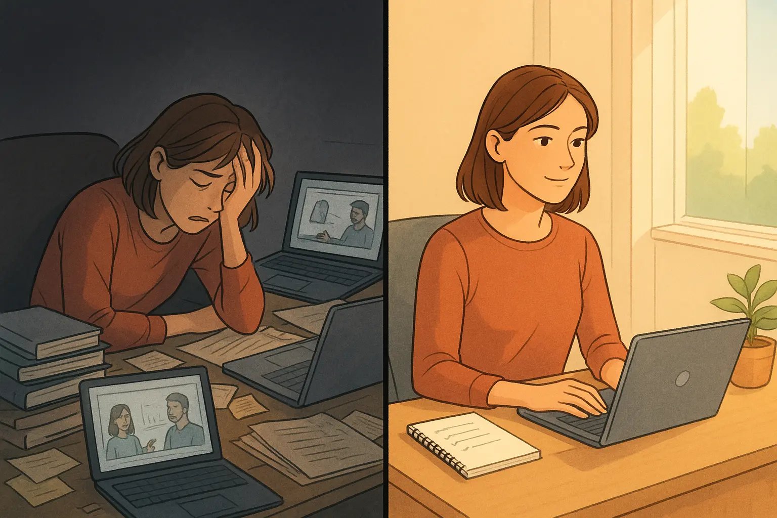 Woman transforming from overwhelmed by multiple courses at chaotic desk to focused and calm working on one clear project at organised workspace