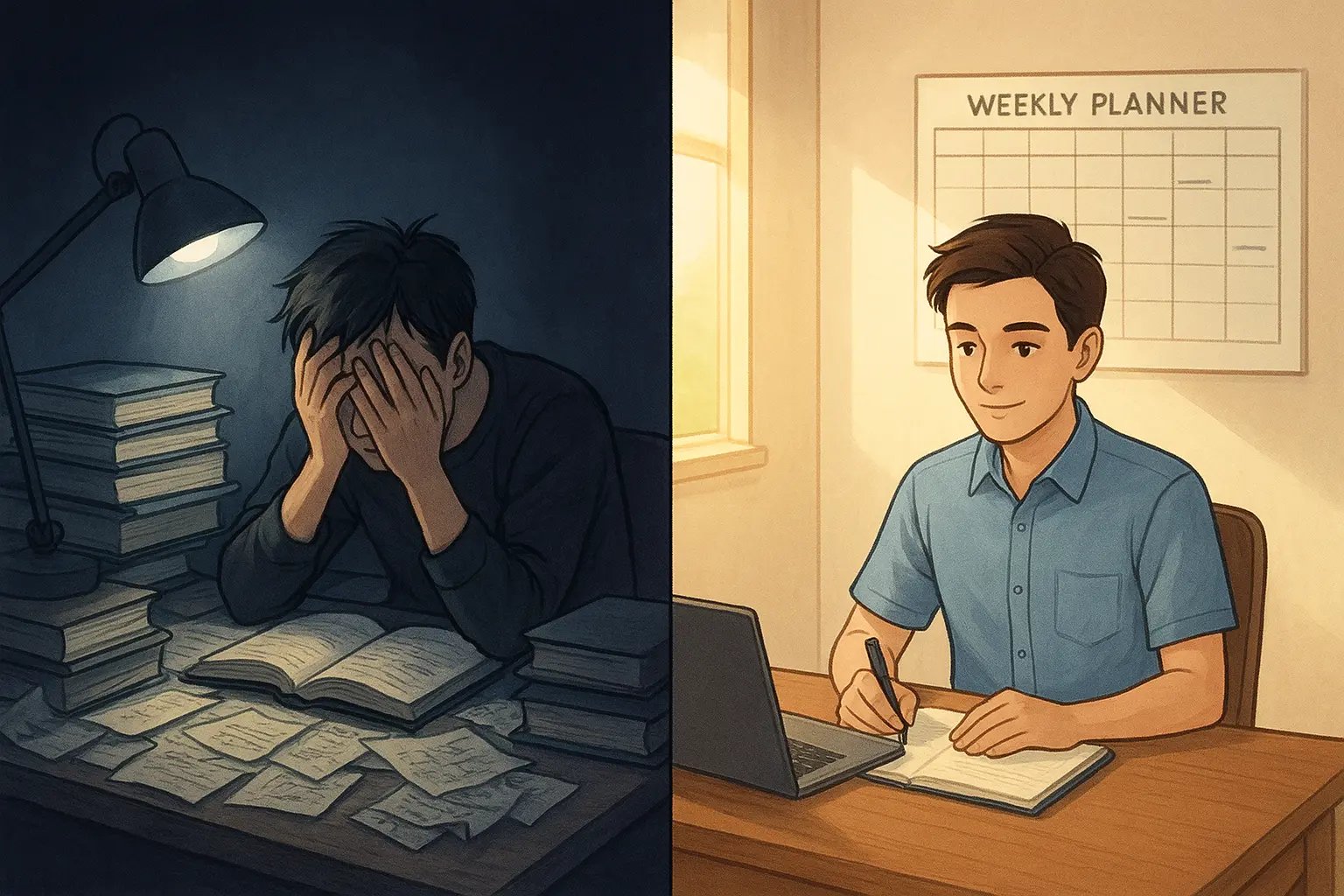 Before-after split image showing student transformation from stressed late-night cramming to calm, organised morning study routine.