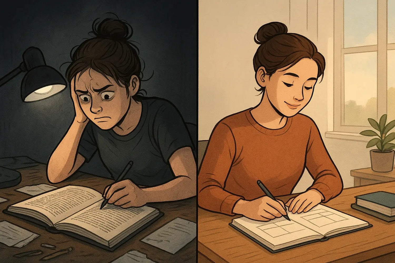 Student transforming from overwhelmed by dense data to calm and organised with a clear table in her notebook