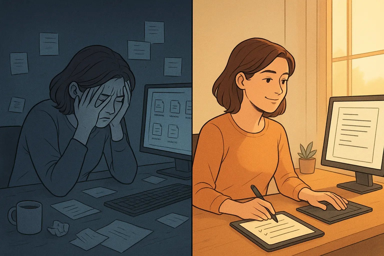 Split-panel illustration showing a woman's transformation from overwhelmed at a chaotic desk to calm and focused at an organised workspace.