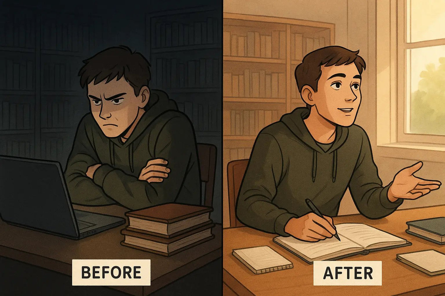 Split panel showing student's transformation from defensive posture with book barricade to open, collaborative discussion in warm library setting