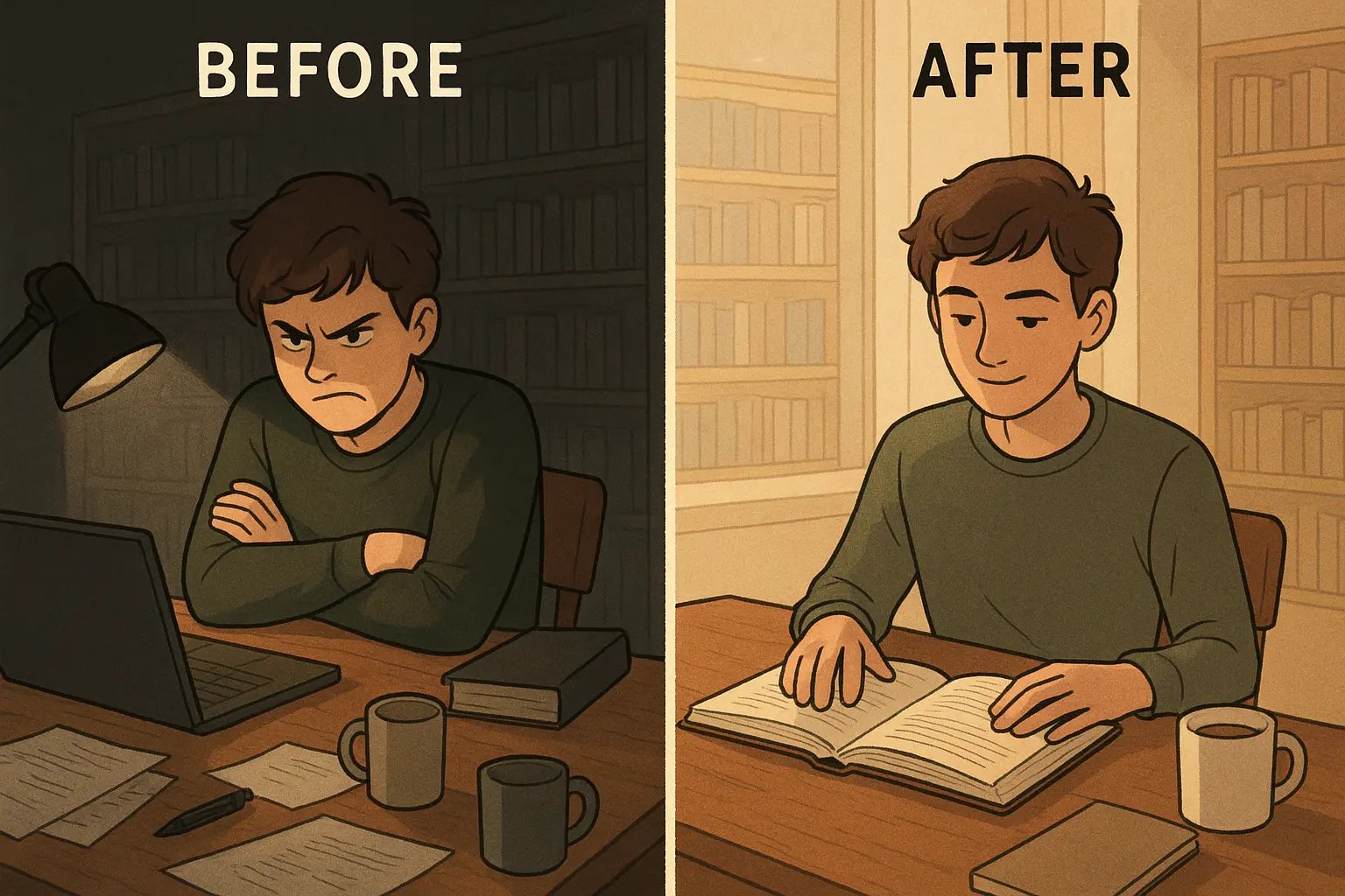 Student transformation from defensive posture with crossed arms to calm, open-minded studying with multiple books at an organised desk