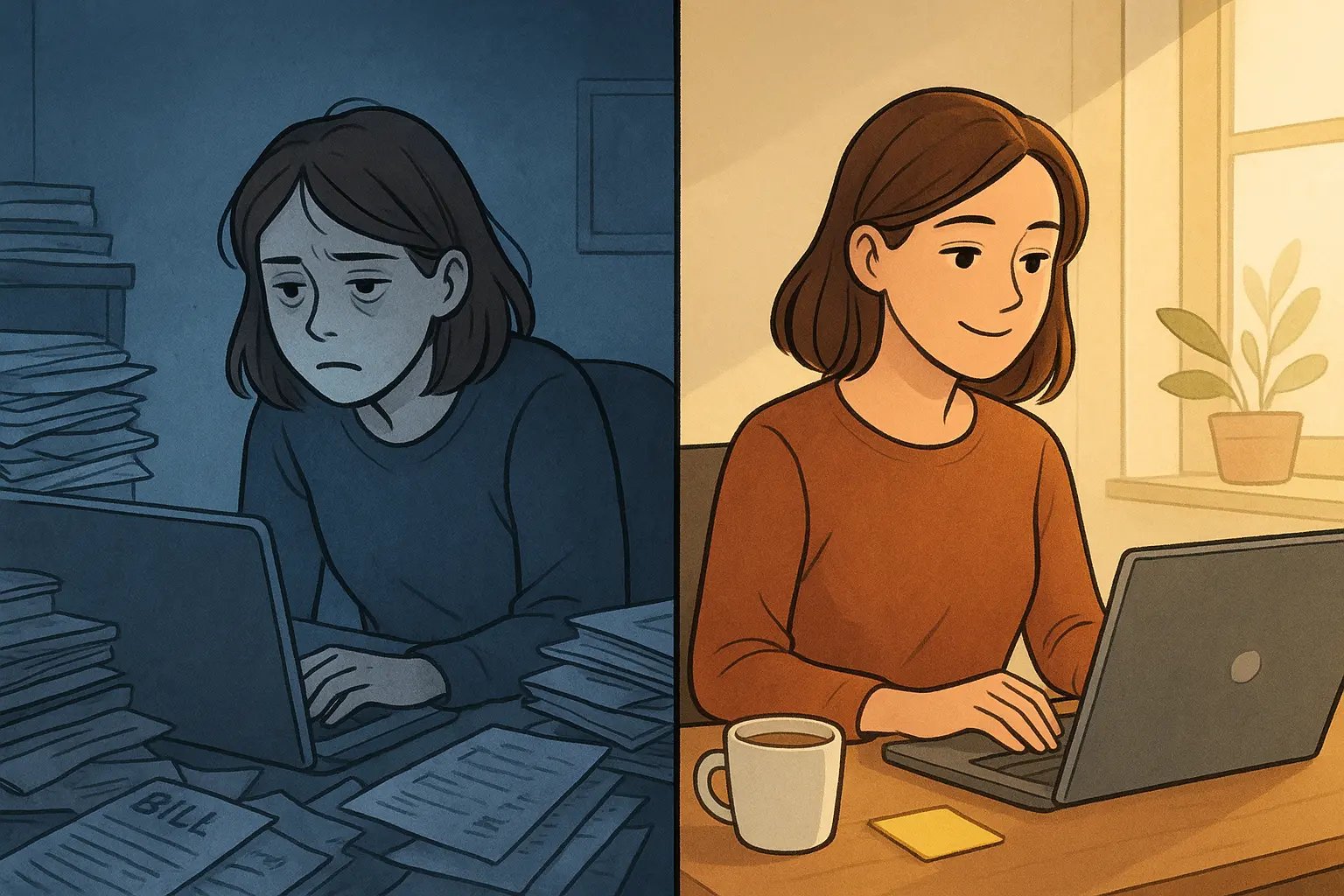 Woman transitioning from overwhelmed at cluttered desk to calm and focused at organised workspace with a guiding note