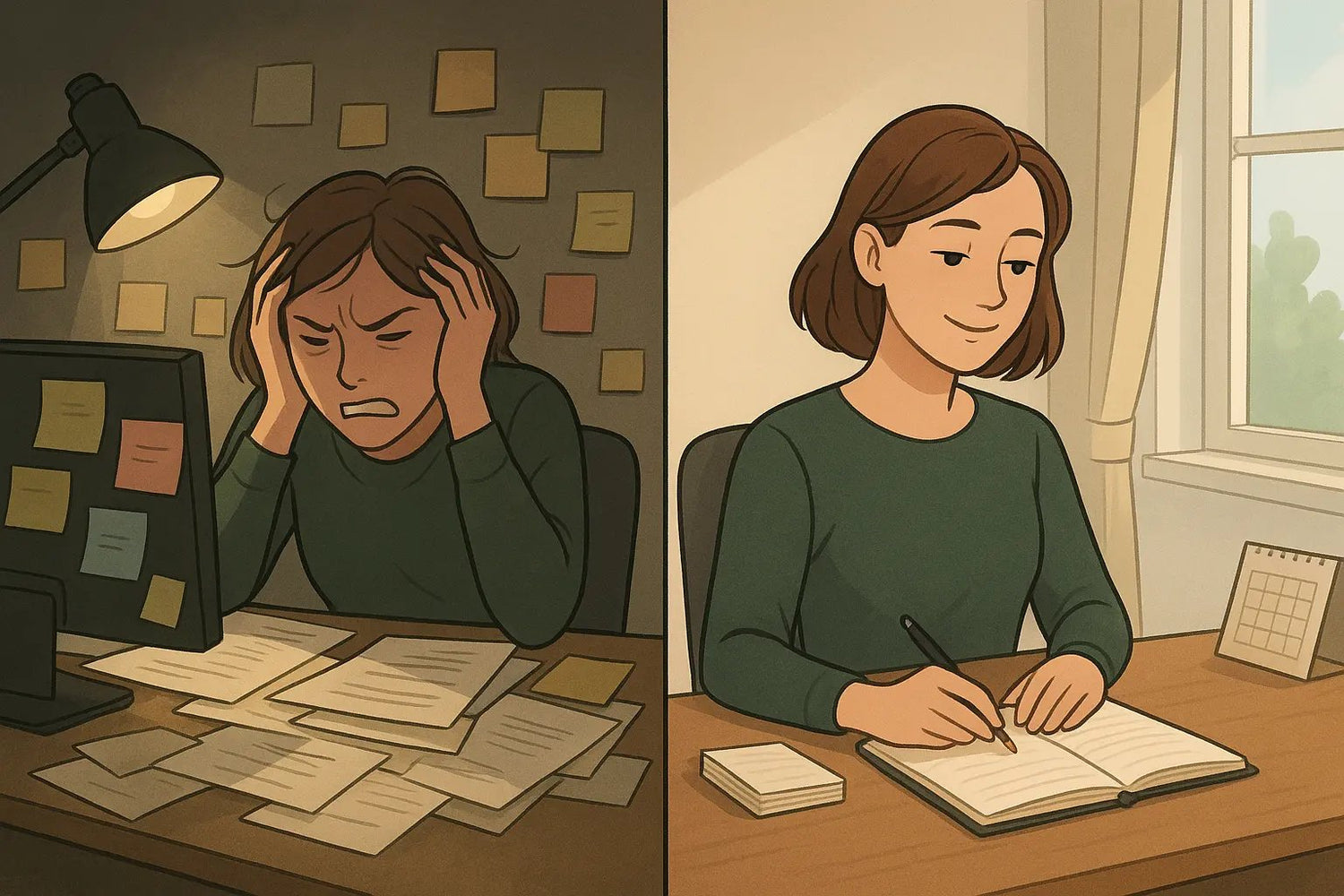 A woman transforms from stressed at a chaotic, paper-covered desk to calm and focused at an organised workspace with a notebook and index cards.