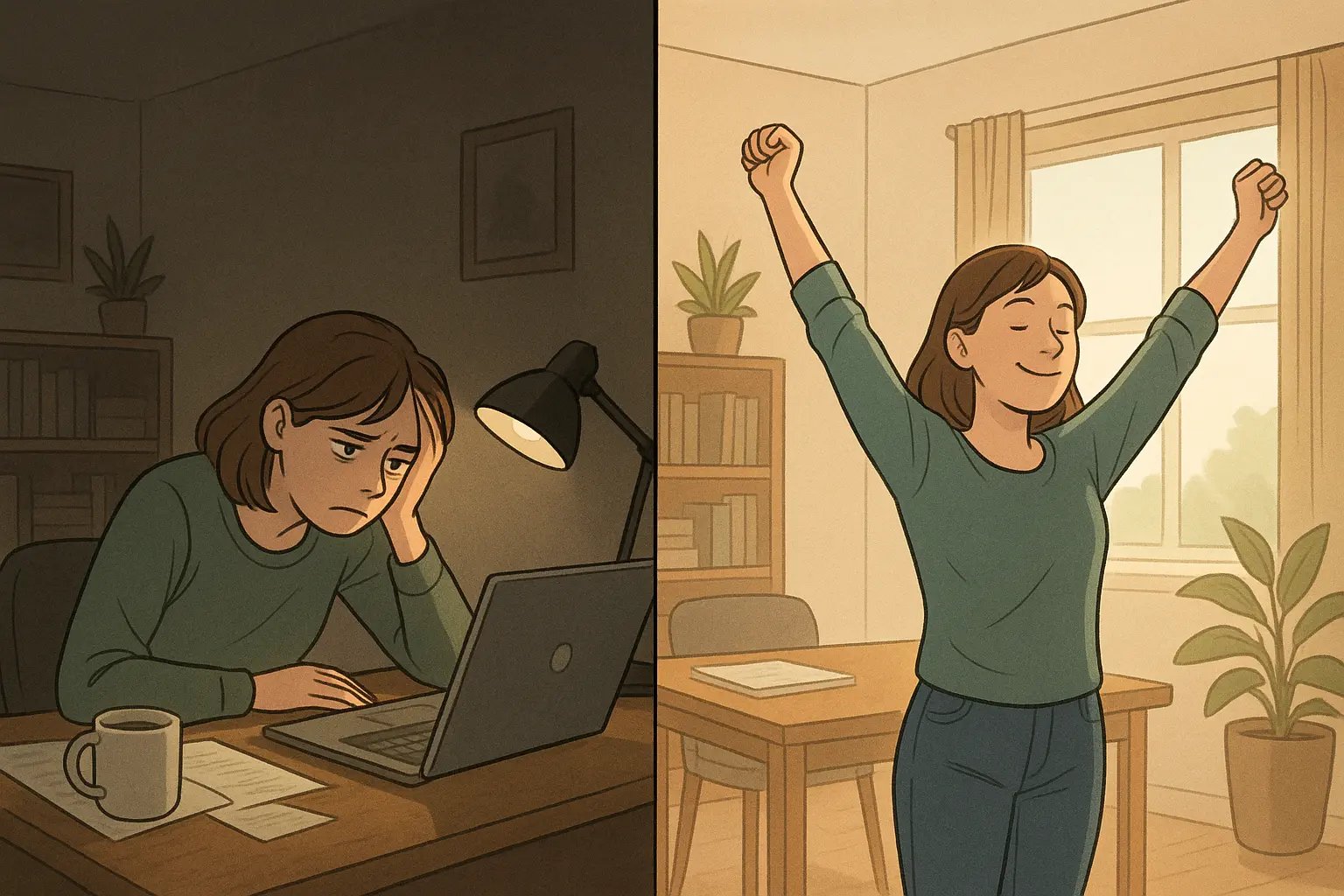 Woman transforming from slumped exhaustion at desk to energised and smiling while stretching in bright home office.