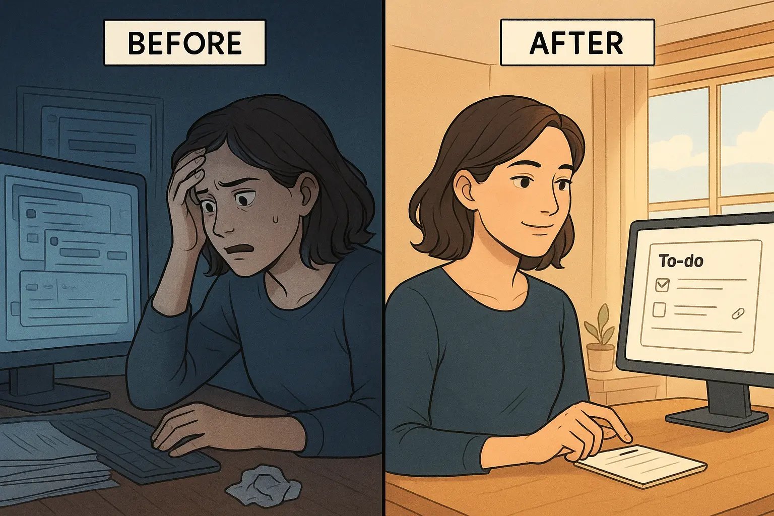 Split-panel illustration showing a woman transforming from stressed by digital chaos to calm and focused by linking tasks to team files