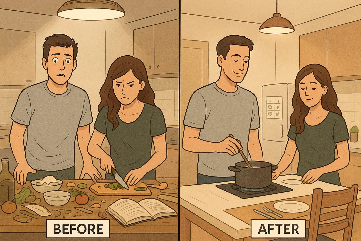 A couple transforms their dinnertime from chaotic stress to calm organisation with a simple mealtime plan in their cozy modern kitchen.