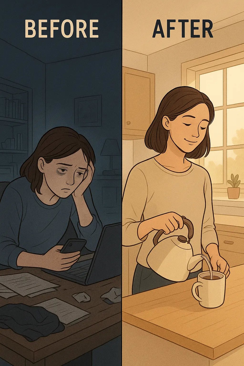 Split-panel illustration showing a woman's transformation from stressed desk scrolling to peaceful tea-making in a tidy kitchen