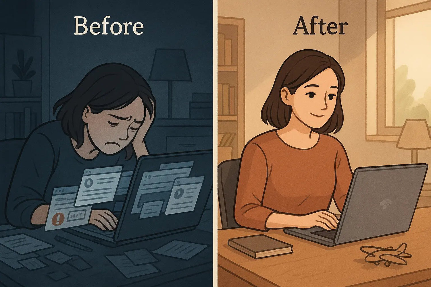 Woman transforming from distracted to focused after turning off Wi-Fi in her home office