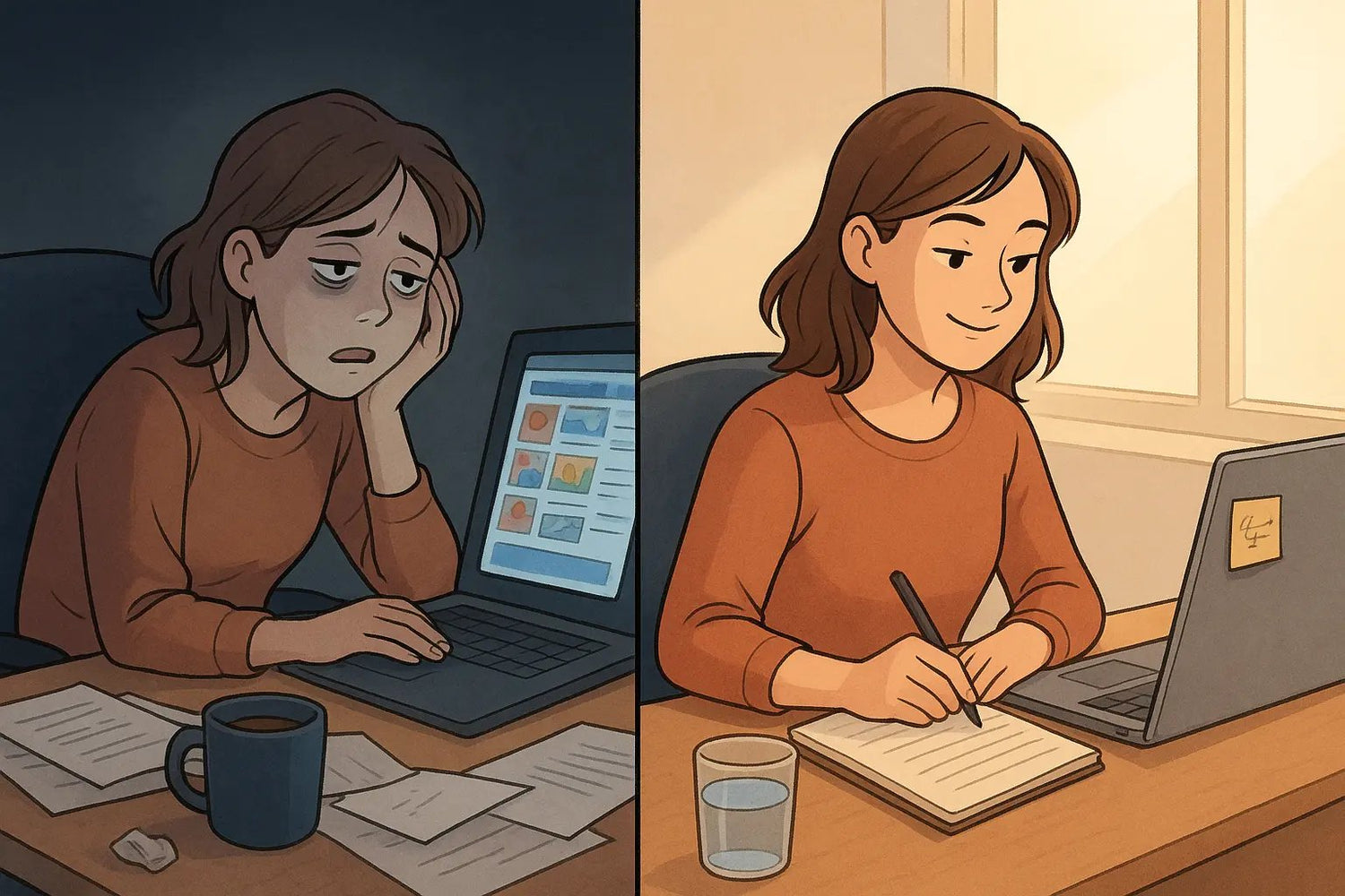 A woman transforms from distracted at a cluttered desk to calmly focused in an organised workspace with an if-then plan on a sticky note.