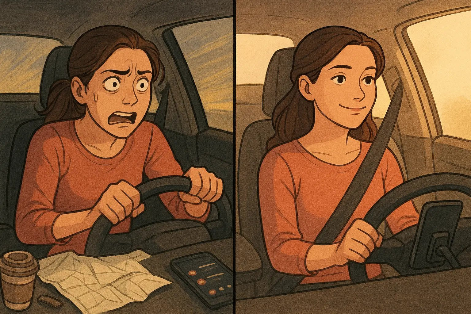 Split panel showing a stressed driver in a cluttered car transforming into a calm, focused driver in an organised vehicle