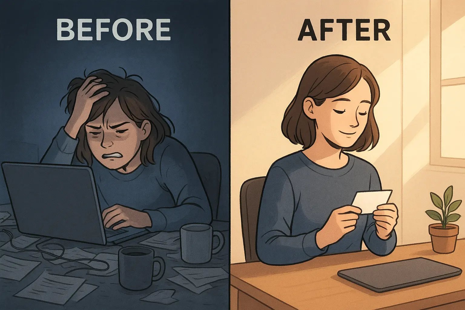 Woman transformed from overwhelmed at messy desk to calm and focused, holding a small cool-down card at tidy workspace