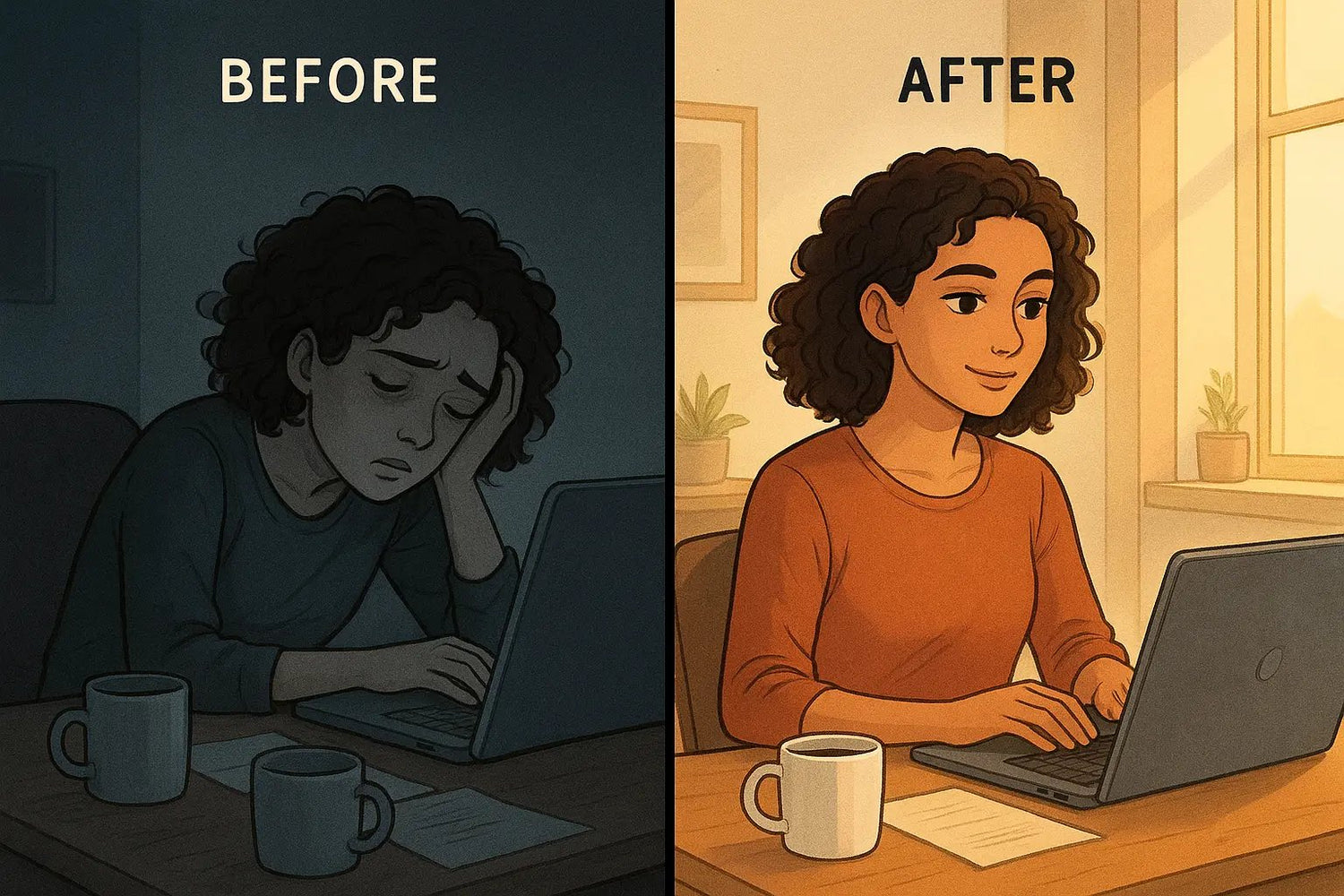Split-panel showing a tired woman slumped at desk transforming into an alert, focused woman after a coffee nap