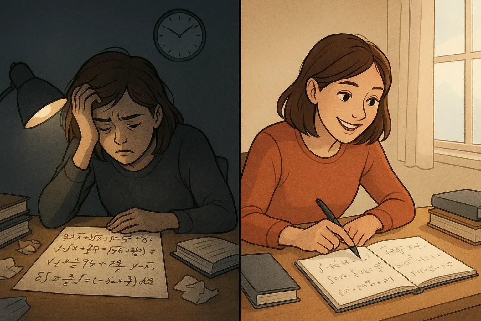 Student transformation from stressed with messy formulas to confident and organised, pointing at clean formula sheet like a game