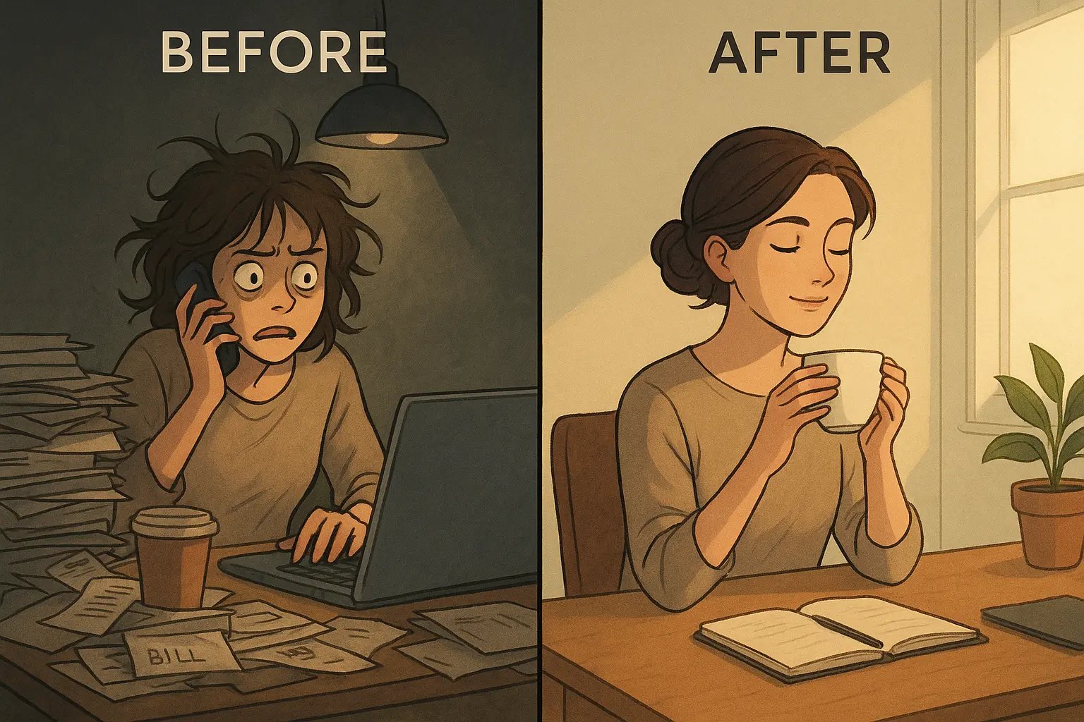 Split panel showing a woman's transformation from overwhelmed at a cluttered desk to calm and focused in an organised, minimalist workspace.